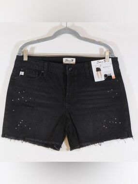 Seven7 Black Distressed 5-Pocket Rhinestone Embellished Frayed Hem Denim Shorts